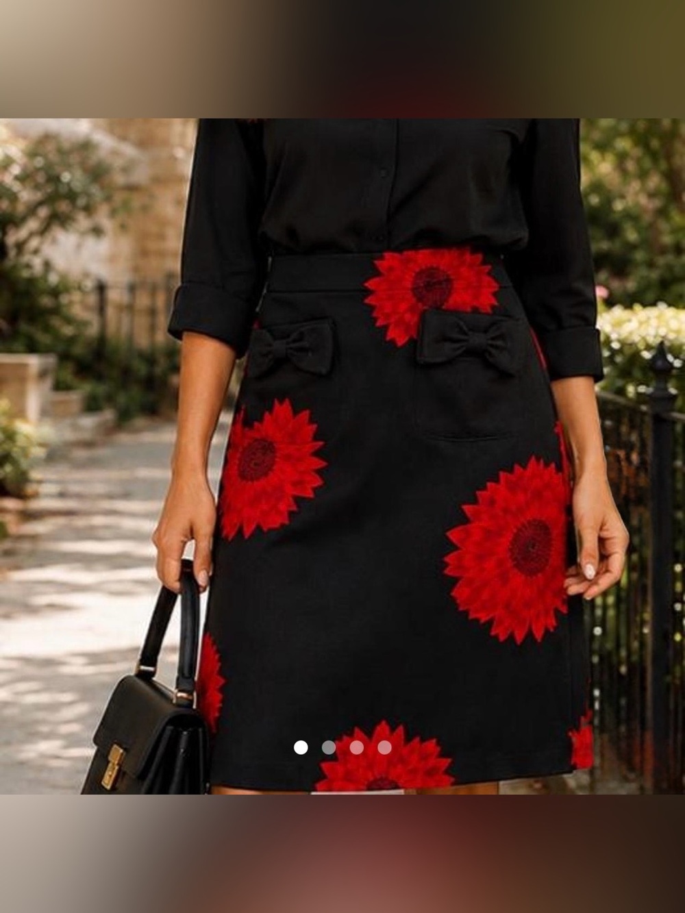 Black Pencil Skirt with Red Floral Print